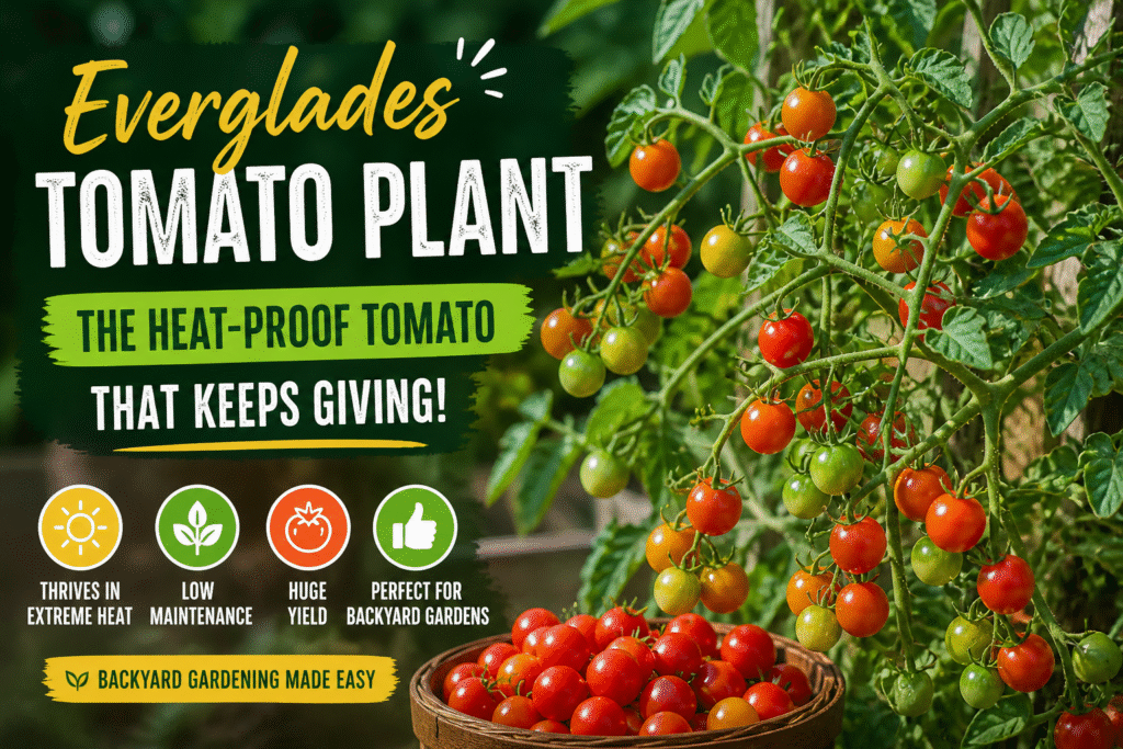 Everglades tomato plant with clusters of small red and green cherry tomatoes growing on vine in backyard garden